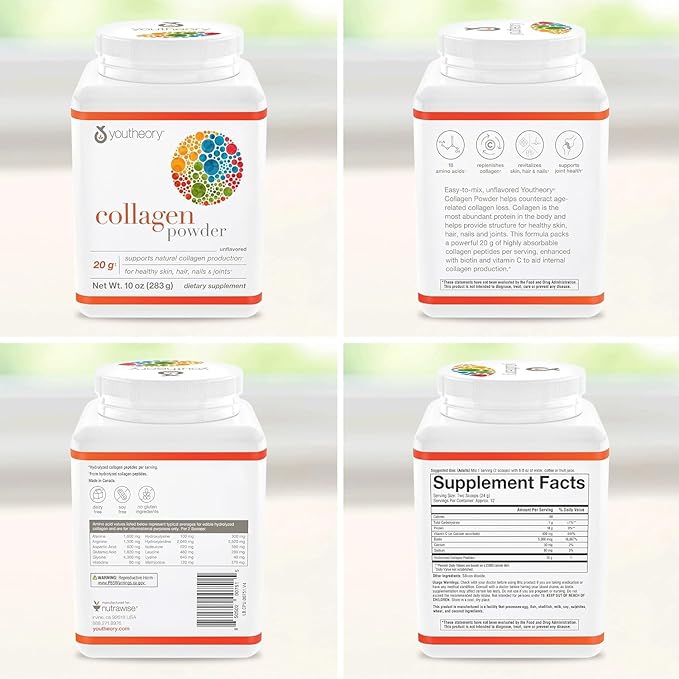 Youtheory Collagen Powder - Premium Collagen Supplement with Vitamin C & Biotin - Healthy Hair, Nails, Skin & Joints* - Hydrolyzed & Highly Absorbable - Dairy & Gluten Free - Unflavored - 10 oz