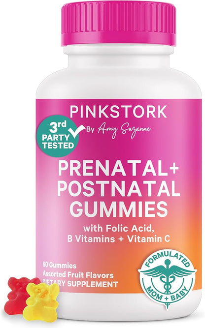 Pink Stork Prenatal + Postnatal Gummy Vitamins for Women - Multivitamin for Pregnancy + Postpartum Recovery - 60 Gummies