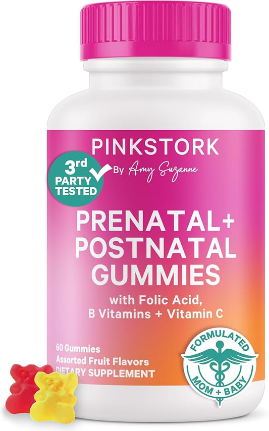 Pink Stork Prenatal + Postnatal Gummy Vitamins for Women - Multivitamin for Pregnancy + Postpartum Recovery - 60 Gummies