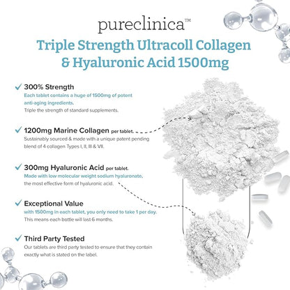 pureclinica Triple Strength Marine Collagen & Hyaluronic Acid – 1500mg per Tablet | 720 Tablets (4 Bottles of 180) | Supports Skin, Joints & Hydration