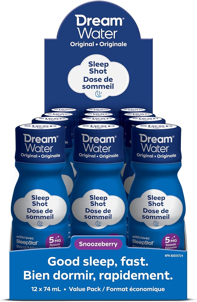 Dream Water Sleep Aid Supplement Drink; Melatonin 5mg, GABA, 5-HTP; Zero Sugar, Natural Flavors, No Added Colors, 2.5 oz Liquid Sleep Shots, Snoozeberry, 12-Count
