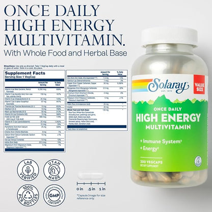 SOLARAY Once Daily High Energy Multivitamin for Women and Men - Energy Supplements - Immune Support w/Vitamin C, A, D and E, Vitamin B Complex, Trace Minerals, 60-Day Guarantee, 200 Serv, 200 VegCaps