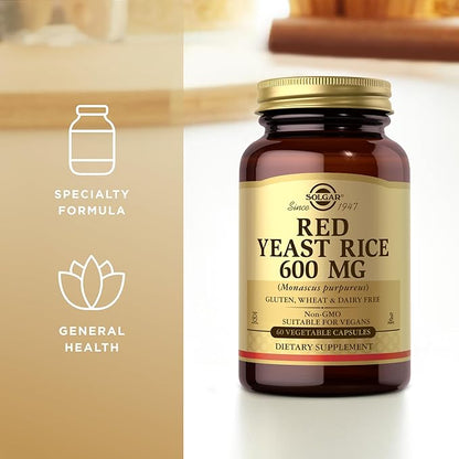 Solgar Red Yeast Rice 600 mg - 60 Vegetable Capsules - Non-GMO, Vegan, Gluten Free, Dairy Free, Kosher - 30 Servings