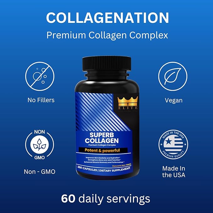 Crown Elite Premium Collagen Supplement - Nutritional Supplement for Skin, Hair, Joint, Nerve, & Bone Support | Premium Anti-Aging Support | Non-GMO, Easy to Digest Organic Vegan Capsules