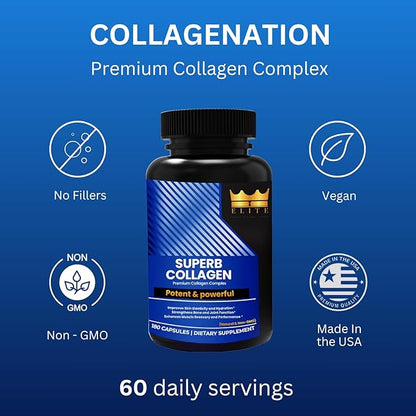 Crown Elite Premium Collagen Supplement - Nutritional Supplement for Skin, Hair, Joint, Nerve, & Bone Support | Premium Anti-Aging Support | Non-GMO, Easy to Digest Organic Vegan Capsules