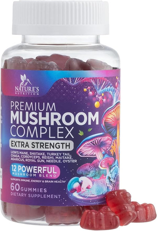 Mushroom Supplement Gummy - 12 in 1 Mushroom Complex with Lions Mane, Reishi, Cordyceps, Chaga & Turkey Tail, Immune Support & Nootropic Supplements for Memory, Brain, Energy & Focus - 60 Gummies