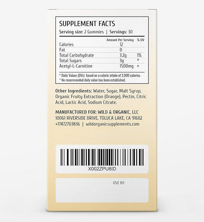 Wild & Organic Acetyl L-Carnitine 1500mg Gummies - Alcar Chews for Brain & Energy Support - L Carnitine Supplement with 60 Count - Energy and Focus Gummies with Acetyl Powder
