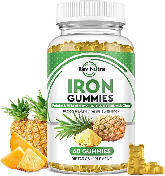 Iron Gummies with Zinc, Calcium, Vitamin C, B6 & B12 | Iron Supplement for Women, Men & Kids | Supports Anemia & Deficiency, Blood Builder & Cell Formation | Chewable Pineapple Flavor | 60 Gummies