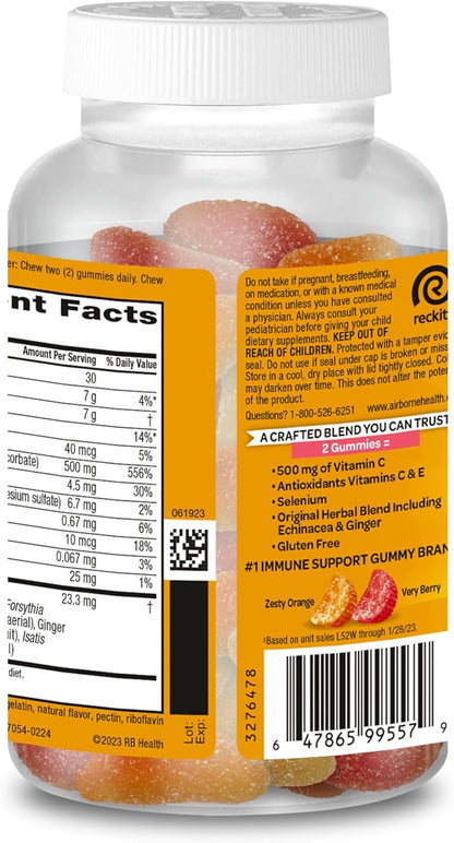 Airborne Vitamin C 500mg (per Serving) - Assorted Fruit Flavored Kids Gummies (63 Count in a Bottle), Gluten-Free Immune Support Supplement with Vitamins C E, Selenium