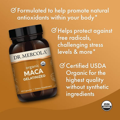 Dr. Mercola Organic Maca Gelatinized Dietary Supplement, 30 Servings (60 Capsules), Non GMO, Gluten Free, Soy Free, USDA Organic