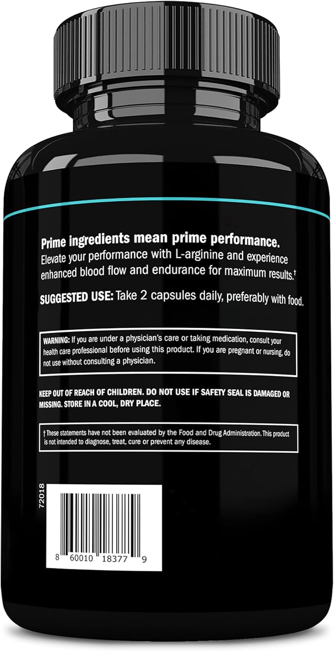 Prime Labs L Arginine 1500mg - Nitric Oxide Supplement - Blood Flow, Energy, Strength, Endurance - 60 Count