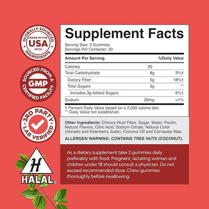 Tasty Prebiotic Fiber Gummies for Adults - High Fiber Supplement Gummies Vitamins for Adults with Prebiotic Soluble Chicory Root for Immunity and Digestive Support - Non GMO Vegan Halal 60 Count