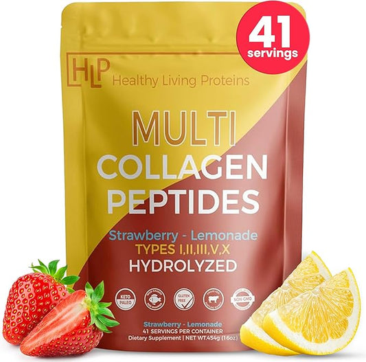 Healthy Living Proteins - Hydrolyzed Multi Collagen Peptides Powder Types I, II, III, V & X - Grass Fed Bovine, Wild Caught Marine, Free Range Chicken - Gluten Free (Strawberry-Lemonade, 16 oz)