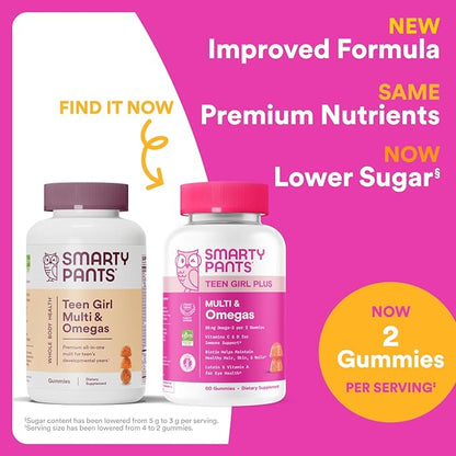 SmartyPants Teen Girl Multivitamin Gummies: Omega 3 Fish Oil (EPA/DHA), Vitamin C, D3, B12, Vitamin A, K & Zinc, Gluten Free, Includes Biotin to Support Hair, Skin & Nails, 120 Count (30 Day Supply)