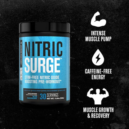 Jacked Factory Nitric Surge Stim Free Pre Workout Powder - Caffeine-Free Nitric Oxide Supplement w/Con-Cret Creatine, L Citrulline, & GlycerSize Glycerol - Blue Raspberry, 30 Servings