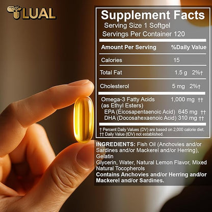 LUAL Omega-3 Fish Oil Softgels – 1000mg with EPA and DHA, Lemon Flavor, Burpless, Non-GMO Formula for Heart, Brain, and Overall Wellness – 120 Count