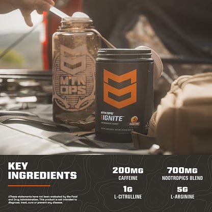 MTN OPS Ignite Energy Drink Powder, Gluten Free Nitric Oxide Supplement Drink Mix, L Arginine, L Citrulline, Caffeine & Nootropic Sugar Free Drink Mix, 45 Servings, Peach Zing