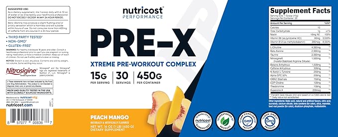 Nutricost Pre-X Xtreme Pre-Workout Complex Powder, Peach Mango, 30 Servings, Vegetarian, Non-GMO and Gluten Free