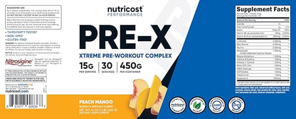 Nutricost Pre-X Xtreme Pre-Workout Complex Powder, Peach Mango, 30 Servings, Vegetarian, Non-GMO and Gluten Free