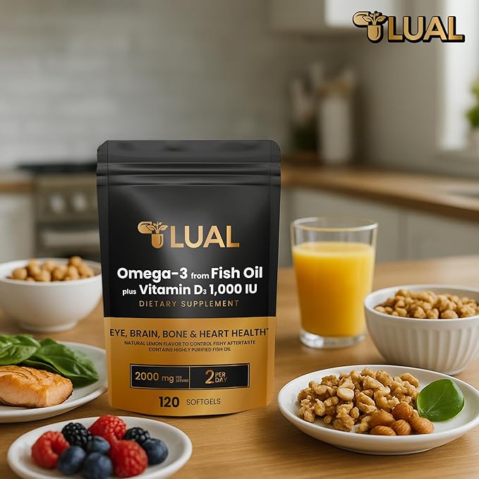 LUAL Omega-3 Fish Oil 2000mg with Vitamin D3 1,000 IU – Supports Eye, Brain, Bone and Heart Health – Lemon Flavor – 120 Softgels