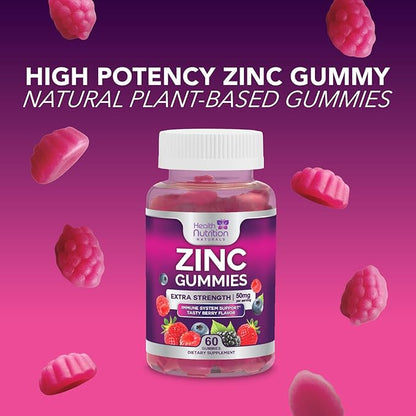 Zinc Supplement 50mg Gummies for Adults - Max Strength Skin Health & Immune Support Gummy, Vegan, Non-GMO & Gluten Free, Nature’s Antioxidant & Bone Health Chewable Zinc Vitamins - 60 Gummies