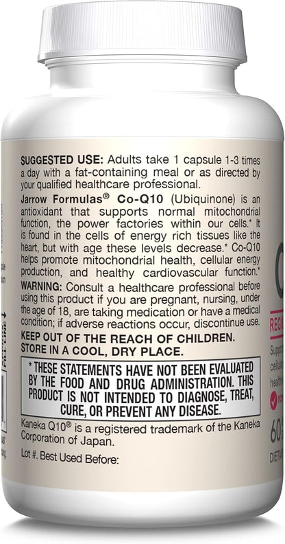 Jarrow Formulas Co-Q10, 100 mg, Antioxidant Support for Mitochondrial Health, Cellular Energy Production and Healthy Cardiovascular Function, 60 Veggie Capsules, 60 Day Supply