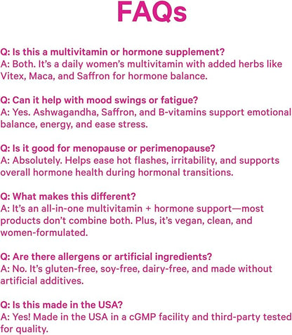 Pink Stork Hormone Balance Multivitamin - Hormone Balance for Women, PMS and Period Relief, Perimenopause, Menopause + Mood Support Supplements, Vitex + Saffron, 60 Capsules