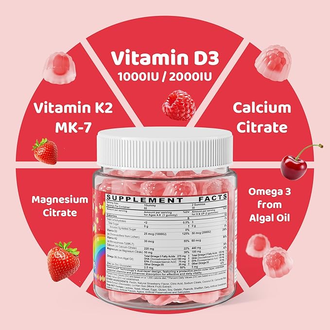 Kids Vitamin D3 K2 + Calcium Gummies (Made in USA) for Adults, 1000IU/2000IU D3 + K2(MK-7) with Magnesium & Algal Omega 3(EPA/DHA) for Bones Teeth Muscles Brain, Low-dose Vitamins, Sugar-Free,60 Chews