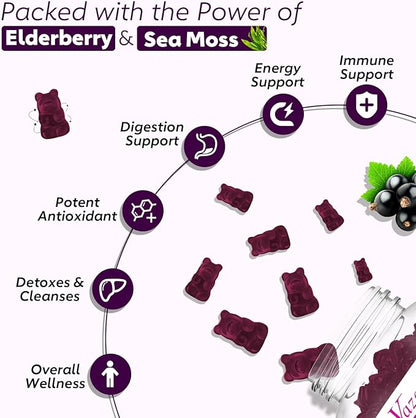 Elderberry Gummies with Sea Moss, Bladderwrack, Burdock, Echinacea, Apple Cider Vinegar, Chlorophyll, Vitamin C, D & Zinc Supplement for Women, Men, Adults and Kids, Blueberry Flavor 60Ct