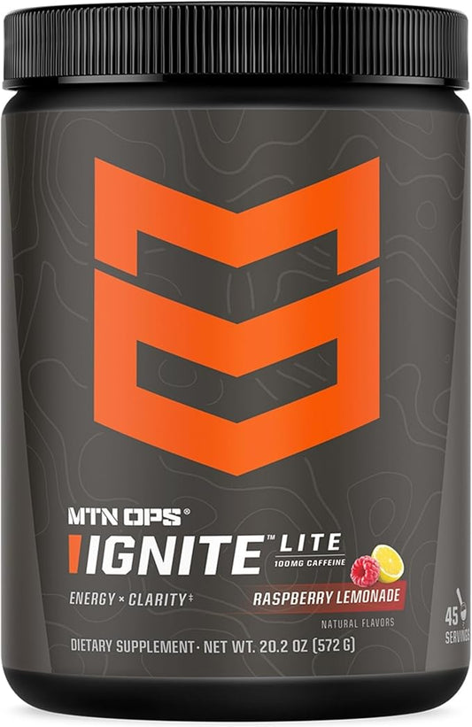 MTN OPS Ignite Lite Energy Drink Powder Gluten Free Nitric Oxide Supplement Drink Mix, L Arginine, L Citrulline, Caffeine & Nootropic Sugar Free Drink Mix, 45 Servings, Raspberry Lemonade