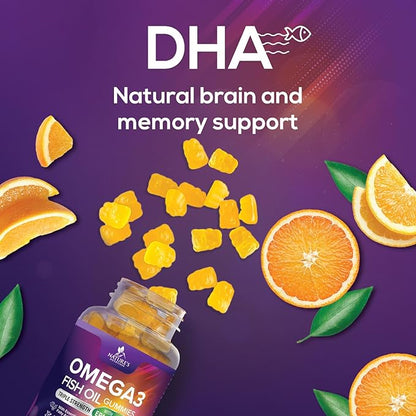 Omega-3 Gummies, Fish Oil Gummies for Adults & Kids, Omega-3 Gummy Vitamins, EPA & DHA Fish Oil Fatty Acids Gummy Supplement, Nature's Supplements for Joint, Heart Health, & Brain Support - 60 Count