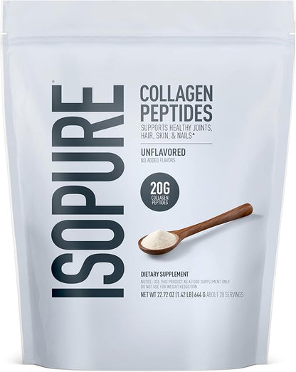 Isopure Collagen Peptides Powder, Promotes Hair, Nail, Skin and Joint Health, with Vitamin C and Biotin, Unflavored, 20g Collagen Peptides Per Serving, 1.42 Lb, 28 Servings (Packaging May Vary)