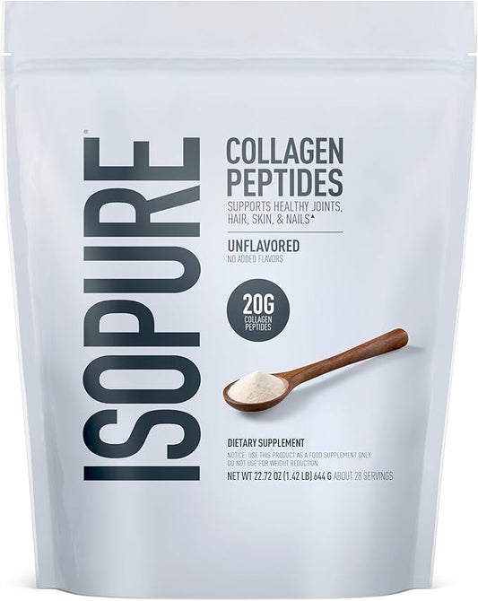 Isopure Collagen Peptides Powder, Promotes Hair, Nail, Skin and Joint Health, with Vitamin C and Biotin, Unflavored, 20g Collagen Peptides Per Serving, 1.42 Lb, 28 Servings (Packaging May Vary)