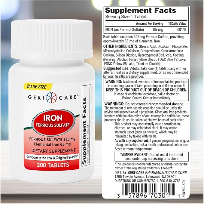 GeriCare Ferrous Sulfate Tablets 325mg, Elemental Iron 65 mg High Potency Iron Supplement | Dietary Supplement 200 Count. (Pack of 1)