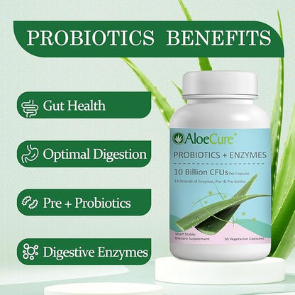AloeCure Probiotics with 10 Billion CFU for Women's Health + Enzymes, Prebiotics, & Aloe Vera for Full Spectrum Support to Maximize Absorption & Gut Support for Men and Women, 30 Capsules