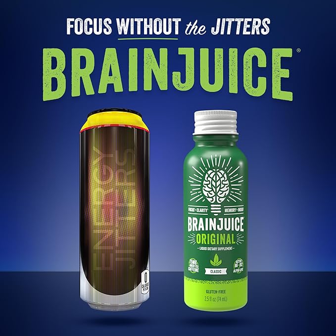 BrainJuice Brain Support Shot, Gluten Free Supplement Shots for Energy & Focus, Healthy Drinks with Alpha GPC, Vitamin B & Organic Green Tea Extract Caffeine, Classic, 2.5 fl oz, 12 Pack