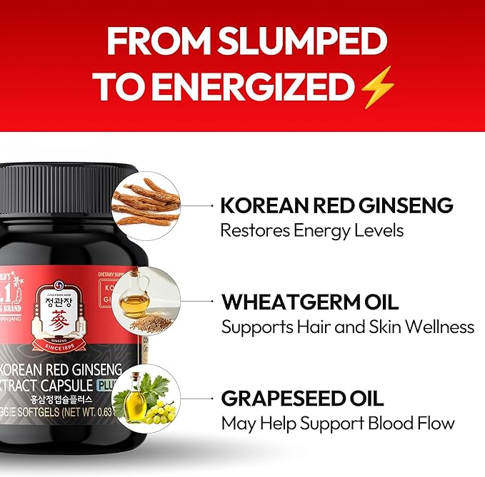 Korean Red Ginseng Extract Capsule Plus - All-in-One Vegan Supplements - Energy Boost & Immune Support, Caffeine Free & Non-GMO (600mg, 30 Capsules)