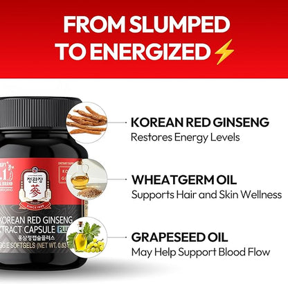 Korean Red Ginseng Extract Capsule Plus - All-in-One Vegan Supplements - Energy Boost & Immune Support, Caffeine Free & Non-GMO (600mg, 30 Capsules)