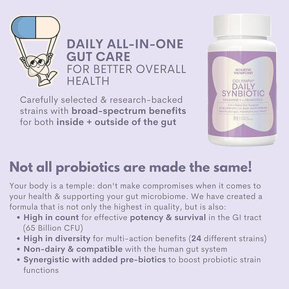CoLymph® Daily Synbiotic Upgraded 24 Strains, 65 Billion CFU, High Potency Prebiotics + Probiotics | Non-Dairy, Supports Gut Health, Digestion, Bloating, Mood, 30 Vegan Capsules