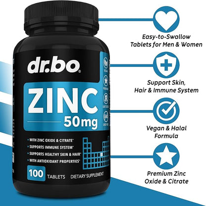 Zinc Supplements 50mg Tablets Supplement - Natural Pure Zinc 50mg Oxide Citrate Capsules Mineral Pills - Vitamin Support Energy Hair Skin Acne Vegan Vitamins for Men & Women - 100 Tablets for Adults