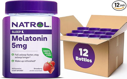 Natrol 5mg Melatonin Gummies, Sleep Support for Adults, Melatonin Supplements for Sleeping, 60 Strawberry-Flavored Gummies, 30 Day Supply (Pack of 12)