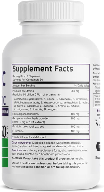 Bronson Brain + Mood Probiotic 50 Billion CFU Plus Prebiotic with L-Theanine, Bacopa and Rhodiola Non-GMO, 60 Vegetarian Capsules
