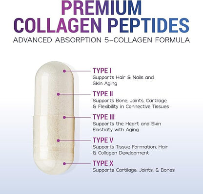 Collagen Peptides for Women & Men - Multi Collagen Supplement for Hair, Nail, Skin, Bone and Joint Support, Type I, II, III, V, X, Grass Fed Hydrolyzed Powder Pills, Non-GMO - 120 Capsules