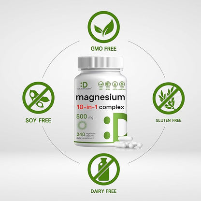 Magnesium Complex Supplement 500mg, 240 Veggie Capsules – 10 in 1 – Glycinate, Citrate, Malate, & More – Chelated Minerals for Muscle & Joint Health.
