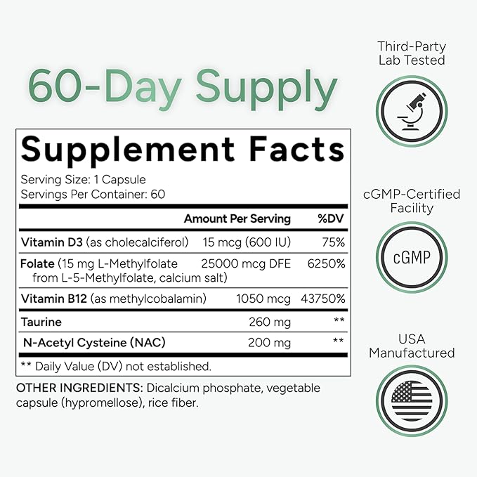 L-Methylfolate 15mg plus Methyl B12, D3, Taurine & NAC | 5-MTHF (Bioactive B9) Premium-Grade | Methylated Vitamins to Support Mood, Nerve Health & Methylation* | Methylfolate Supplement | 60 Capsules