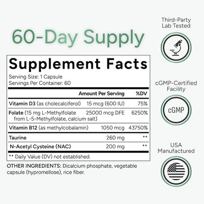 L-Methylfolate 15mg plus Methyl B12, D3, Taurine & NAC | 5-MTHF (Bioactive B9) Premium-Grade | Methylated Vitamins to Support Mood, Nerve Health & Methylation* | Methylfolate Supplement | 60 Capsules