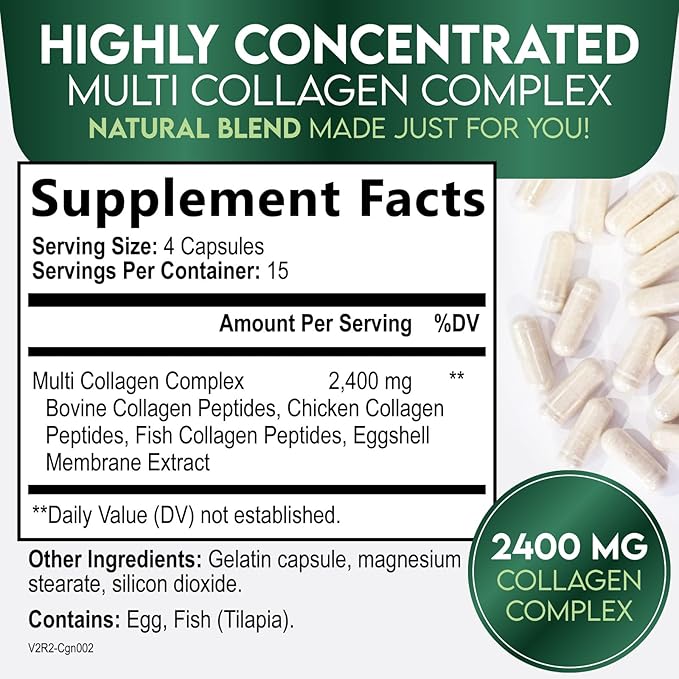 Collagen Peptides for Women & Men - Type I, II, III, V, X Multi Collagen, Hydrolyzed Collagen Supplement Supports Hair, Nail, Skin, Bone and Joint Health with Vital Nutrients & Proteins - 60 Capsules