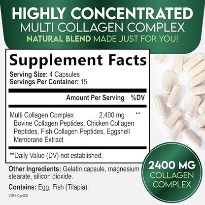 Collagen Peptides for Women & Men - Type I, II, III, V, X Multi Collagen, Hydrolyzed Collagen Supplement Supports Hair, Nail, Skin, Bone and Joint Health with Vital Nutrients & Proteins - 60 Capsules