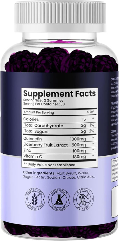 Quercetin Gummies with Elderberry, Vitamin C & Zinc – Vegan, Non-GMO, 60 Gummies