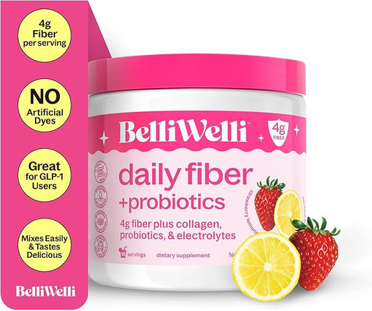 Fiber Supplement for Women&Men, Premium Daily Fiber Powder from Organic Acacia with Added Collagen, Electrolytes&Probiotics, No Bloat, Constipation&Gut Health Support (Strawberry Lemonade)